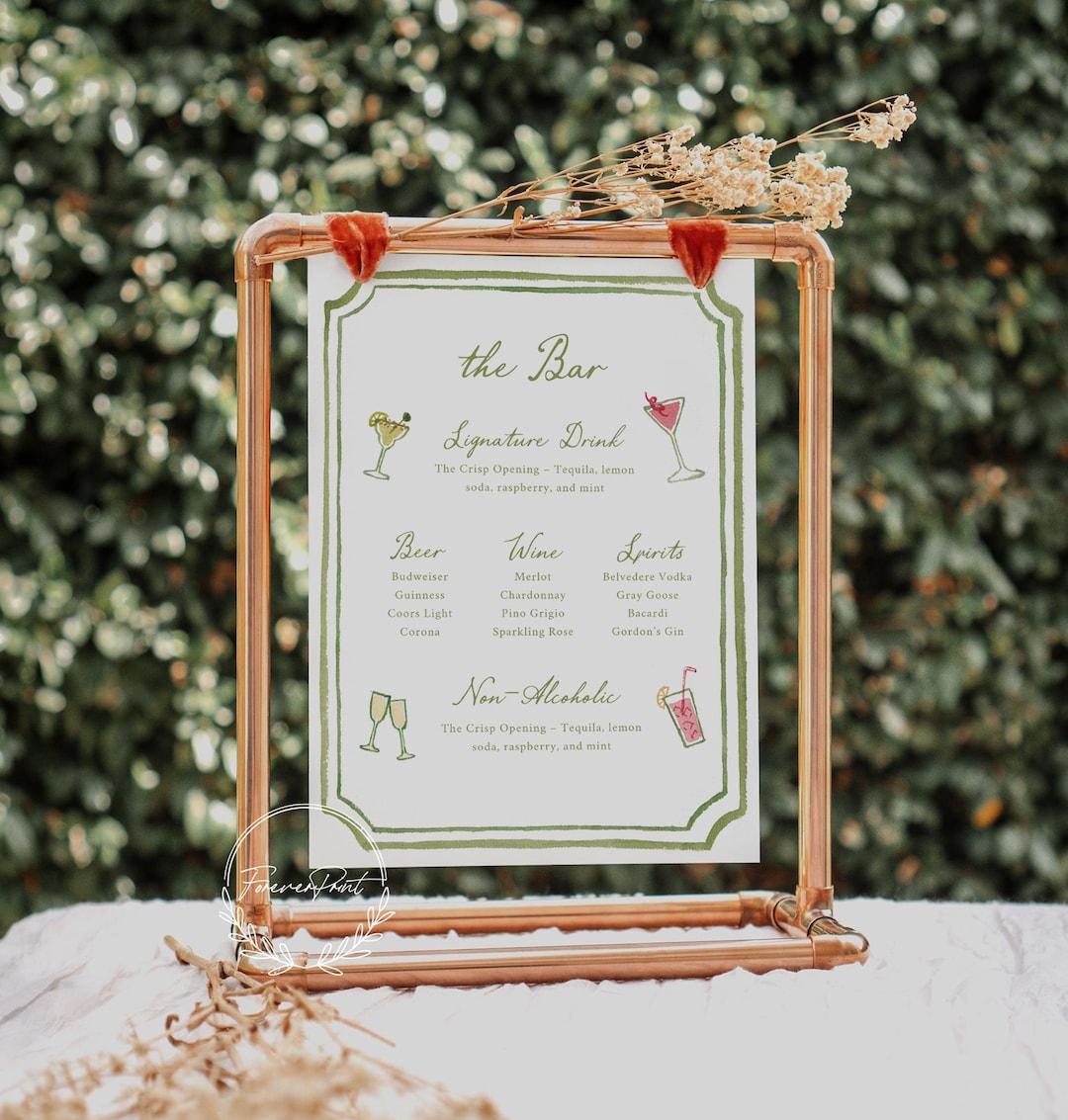 Green Frame Bar Sign Template, Hand Drawn Watercolor, Wedding/bridal ...