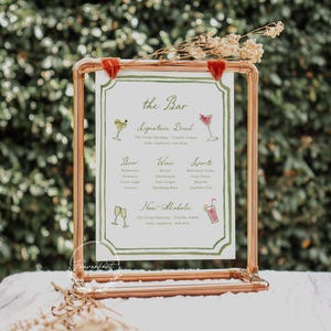 Modèle de panneau de bar cadre vert, aquarelle dessinée à la main, menu de bar de douche de mariage/nuptiale, panneau de boissons, modèle modifiable, téléchargement immédiat