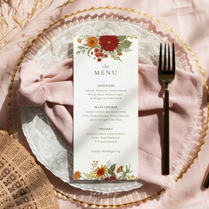 Plantilla de menú de Acción de Gracias, Menú de flores rústicas imprimible, Tarjeta de menú de otoño, Plantilla editable Menú de cena de otoño Menú de acción de amigos TG23