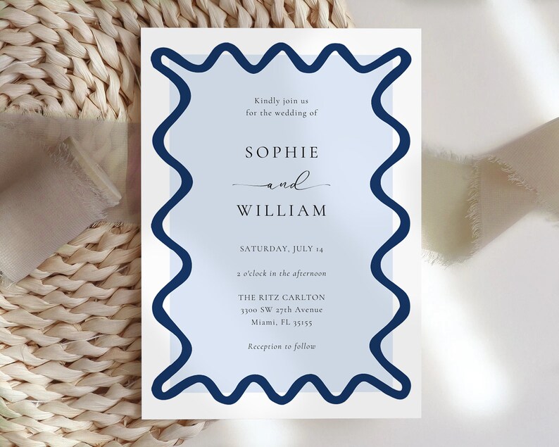 Wave Wedding Invitation Template Set, Minimalist Wedding Invitation Template Download, Editable Modern Wedding Invite Instant Download image 4