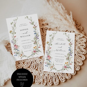 May include: Two wedding invitation designs with floral borders. The top design features the names Sophie and William with the date Saturday, July 14. The bottom design features the names Kendall and William with the date Saturday, July 14. Both designs include the location The Ritz Carlton, 1900 SW 17th Avenue, Miami, FL 33135.