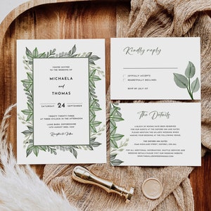 Greenery Wedding Invitation Template, Printable Wedding Invitation, Wedding Invitation, Edit with CANVA, Instant Download image 1