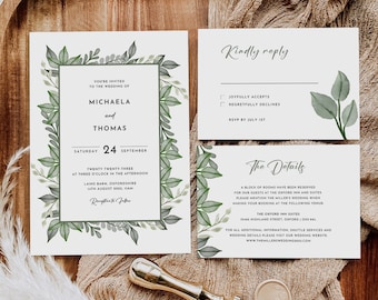 Greenery Wedding Invitation Template, Printable Wedding Invitation, Wedding Invitation, Edit with CANVA, Instant Download