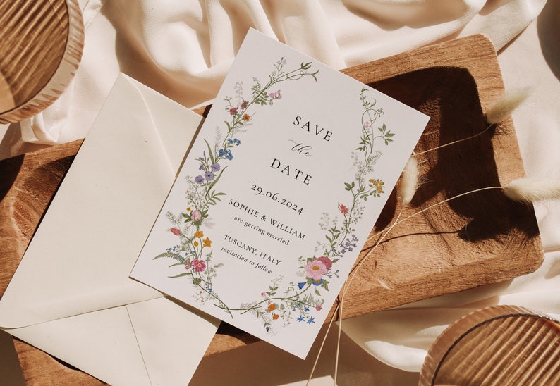 K&ouml;nnte beinhalten: Save-the-Date-Karte mit einem floralen Kranzdesign. Die Karte ist wei&szlig; mit schwarzem Text, der "Save the Date", "29.06.2024", "Sophie & William", "are getting married", "Tuscany, Italy" und "invitations to follow" lautet.