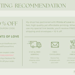 May include: A light green graphic with the text "PRINTING RECOMMENDATION" at the top. The graphic includes information about a printing service, including a coupon code for 10% off and details about fast shipping and eco-friendly practices.