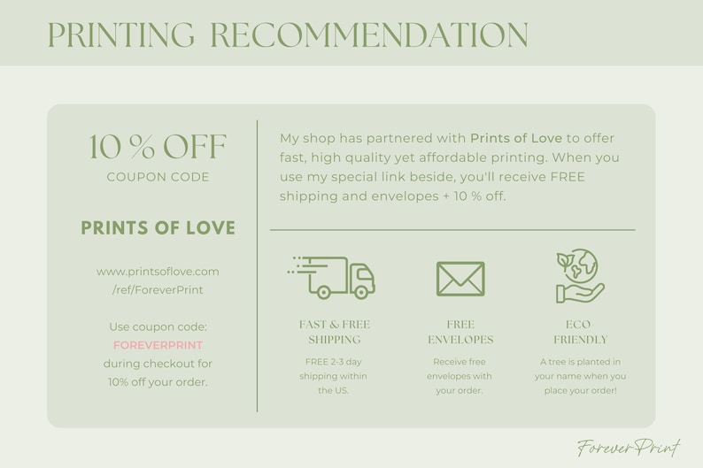 May include: A light green graphic with the text "PRINTING RECOMMENDATION" at the top. The graphic includes information about a printing service, including a coupon code for 10% off and details about fast shipping and eco-friendly practices.