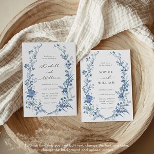 May include: Two wedding invitations with blue floral designs. The text on the invitations reads "Kindly join us for the wedding of Kendall and William" and "Kindly join us for the wedding of Sophie and William". The invitations also include the date, time, and location of the wedding.