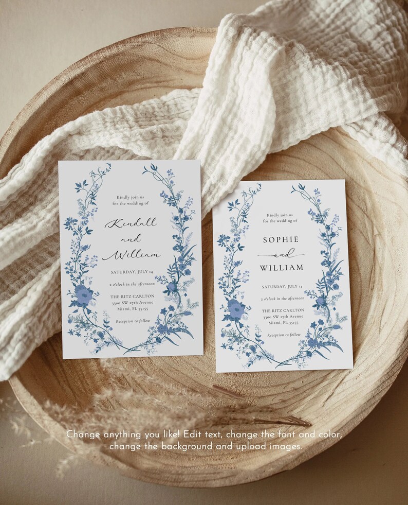 May include: Two wedding invitations with blue floral designs. The text on the invitations reads "Kindly join us for the wedding of Kendall and William" and "Kindly join us for the wedding of Sophie and William". The invitations also include the date, time, and location of the wedding.