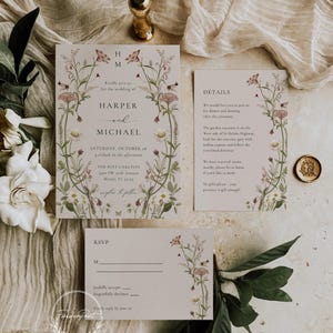 May include: A floral wedding invitation with a pink and green color scheme. The invitation features a botanical illustration with butterflies and the text "Kindly join us for the wedding of Harper and Michael".