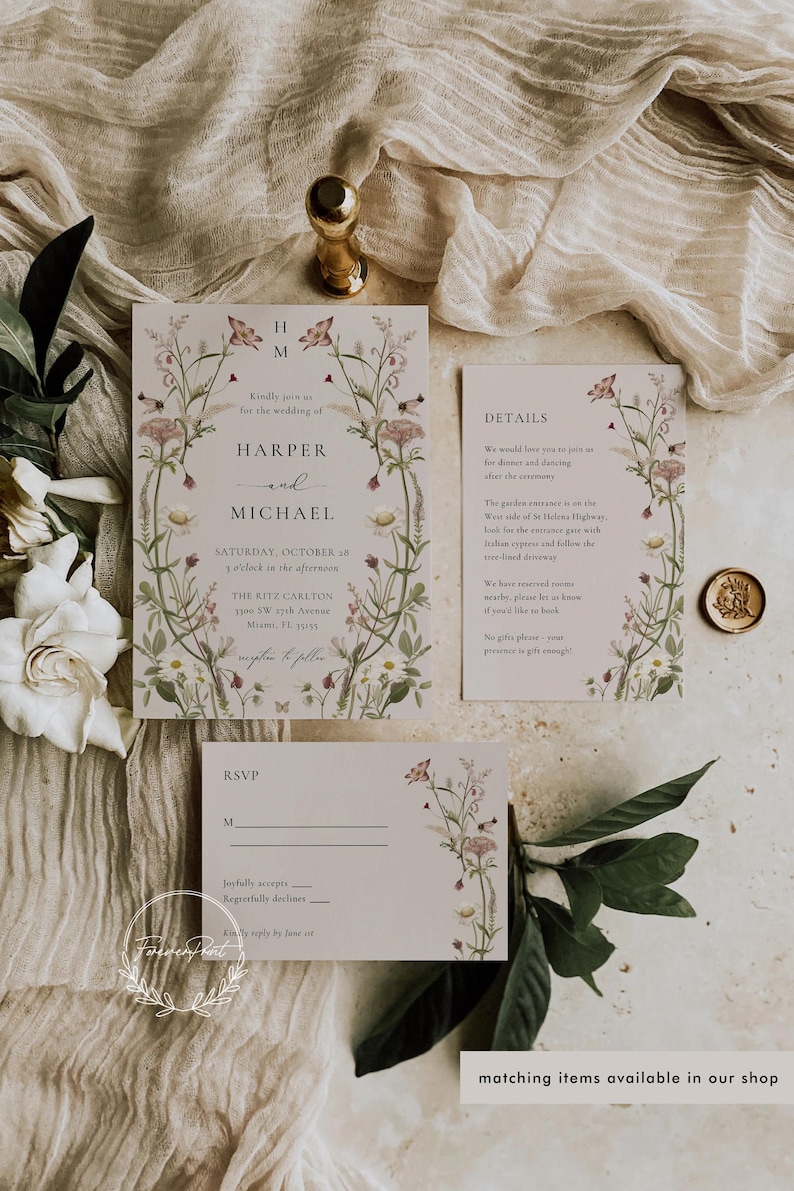May include: A floral wedding invitation with a pink and green color scheme. The invitation features a botanical illustration with butterflies and the text "Kindly join us for the wedding of Harper and Michael".