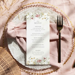 Modèle de menu de fleurs sauvages, menu de douche nuptiale de fête de jardin, menu d'événement de fleurs de Boho, menu de mariage, Boho Modern Floral | TÉLÉCHARGEMENT INSTANTANÉ, EH1