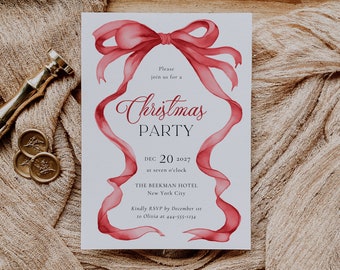 May include: A Christmas party invitation featuring a watercolour red ribbon design. The invitation includes the text "Christmas Party" and event details: December 20, 2027, at The Beekman Hotel in New York City. RSVP by December 1st.