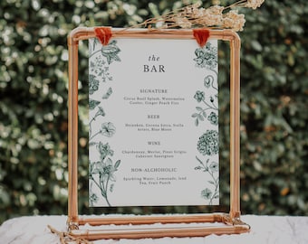 Green Florals Bar Sign, Printable Drinks Sign, Editable Bar Menu, Signature Drink Menu, Cocktail Menu, Greenery Wedding, Green Botanics SK23