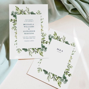 Greenery WEDDING INVITATION SET Template Download, Eucalyptus wedding invitation suite template, Modern wedding Invitation bundle leaves 50 image 4