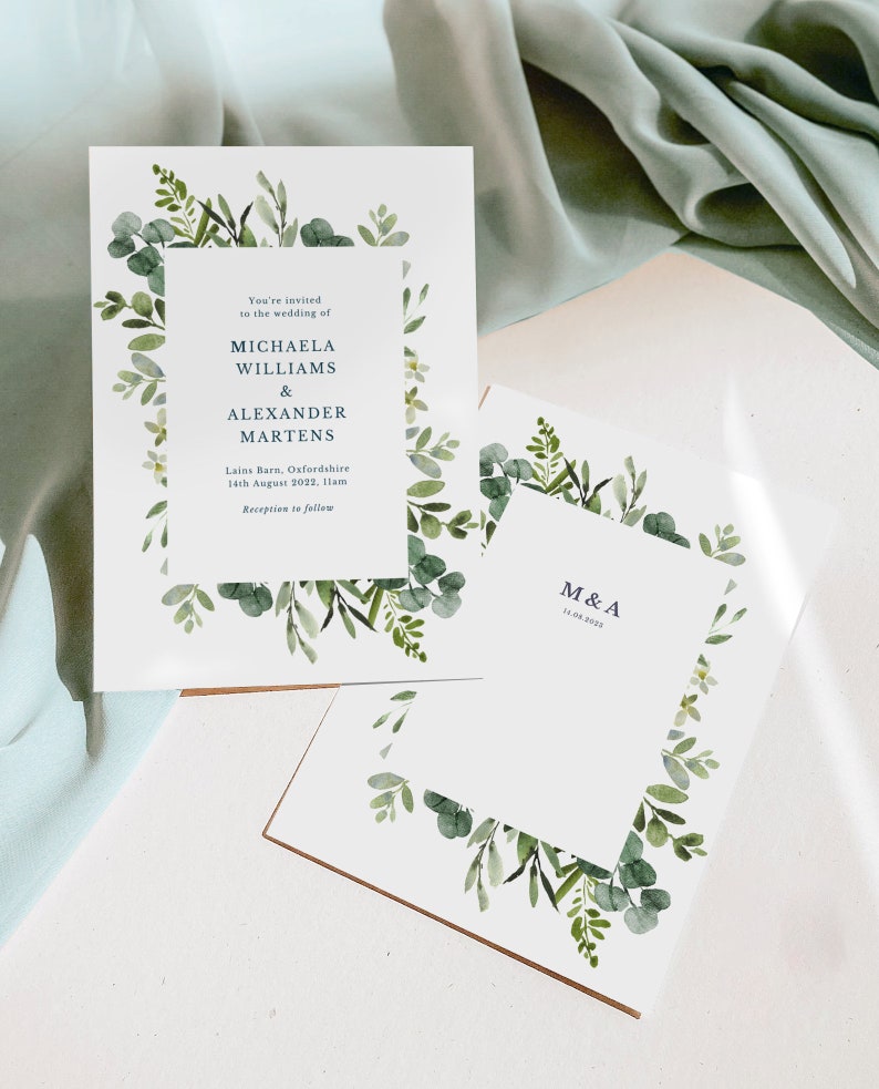 Greenery WEDDING INVITATION SET Template Download, Eucalyptus wedding invitation suite template, Modern wedding Invitation bundle leaves image 4