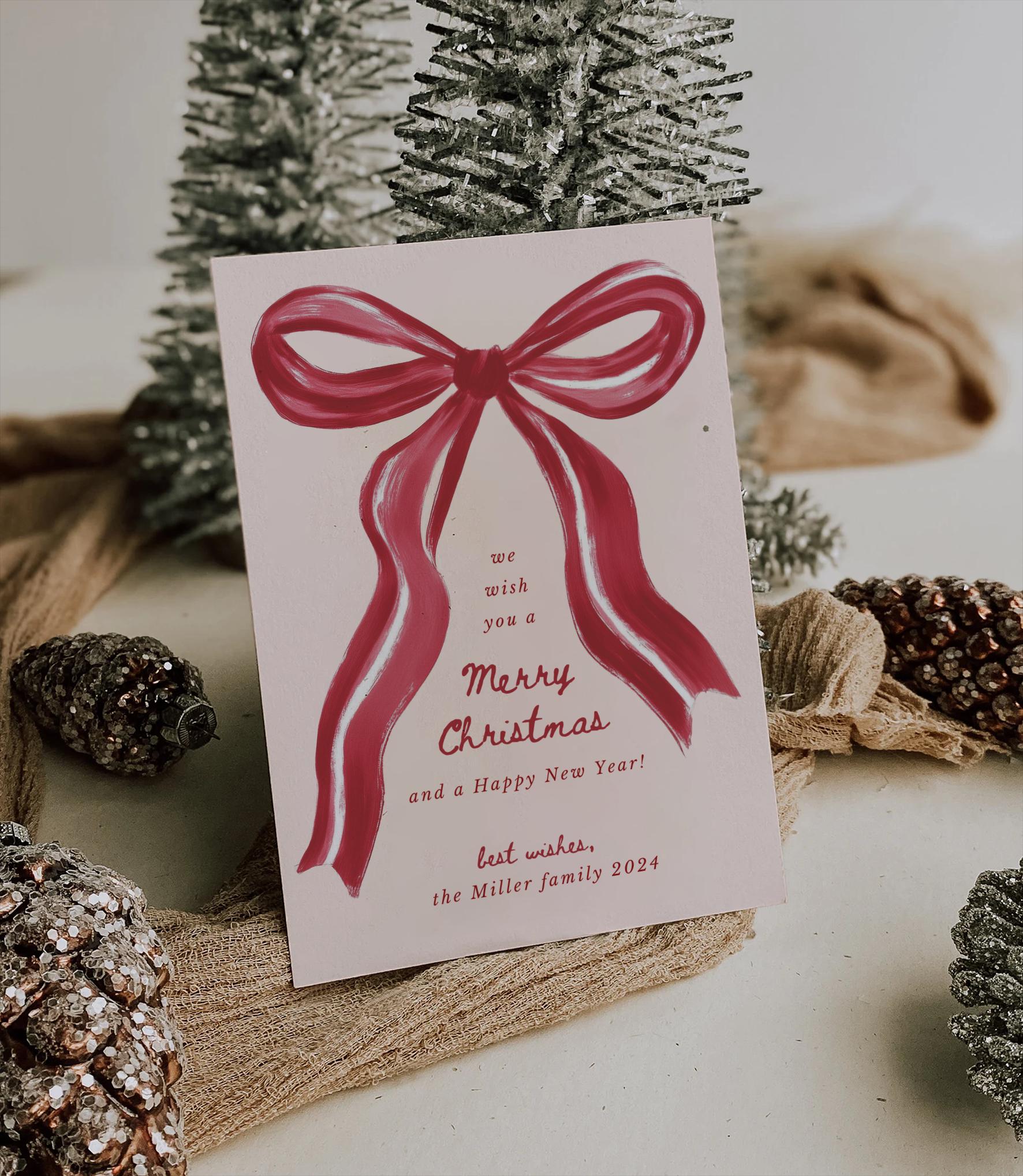 Editable Christmas Card Template With Red Ribbon Bow Design, Printable ...