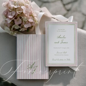 May include: Wedding stationery set featuring a bouquet of pink hydrangeas and a 'Save the Date' card. The card has a pink and white striped design and includes the names 'Amelia and James' and the wedding date.