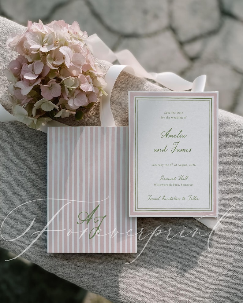 May include: Wedding stationery set featuring a bouquet of pink hydrangeas and a 'Save the Date' card. The card has a pink and white striped design and includes the names 'Amelia and James' and the wedding date.