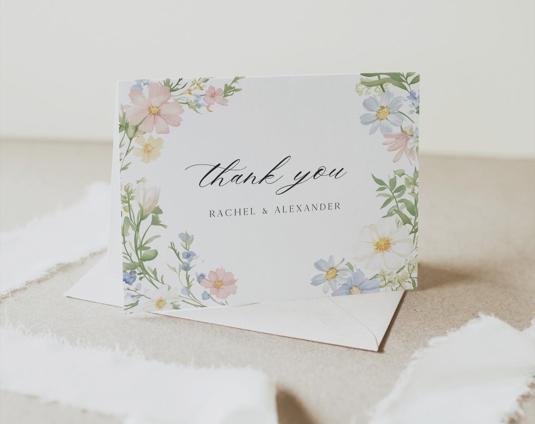 Floral Wedding Thank You Card Template, Wildflower Watercolor, Editable ...