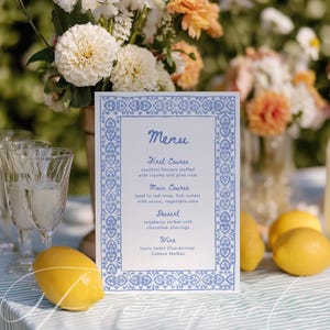 Blue Watercolor Ornate Border Menu Template, Rustic Boho Wedding or Bridal Shower, Editable Printable DIY, Instant Download RUG