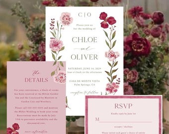 Floral Wedding Invitation Template | Pink & Burgundy Botanical Invitation Set, Elegant Garden Wedding Invite, Romantic Editable Template R26