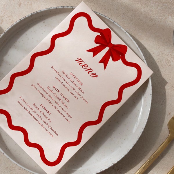 Christmas Menu Template, Curvy Waves Menu, Printable Christmas Menu, Editable Template, Menu Template, Christmas Decoration, Bow, Ribbon CC2