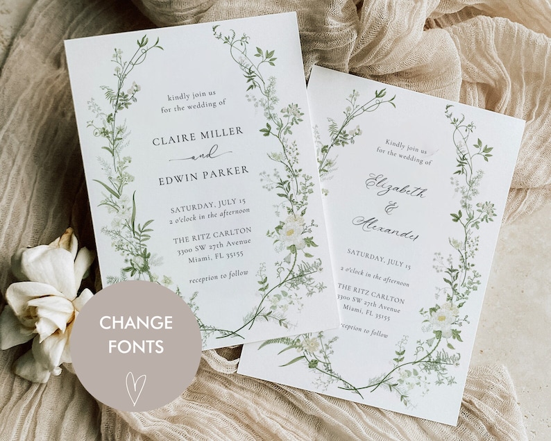 Wildflower Wedding Invitation Template, Printable Wedding Invitation, Greenery Invitation, White and Green Invitation, Floral Wreath, MK1 image 2