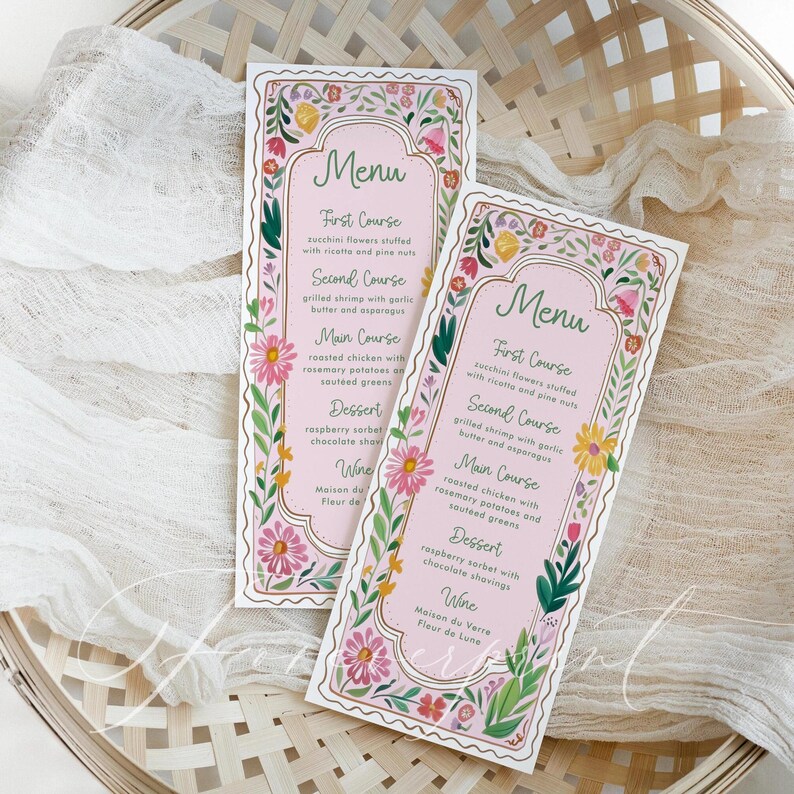 Menu First Course Layout Pink Floral Menu Template, Hand Drawn, Printable Dinner Menu, Editable ...