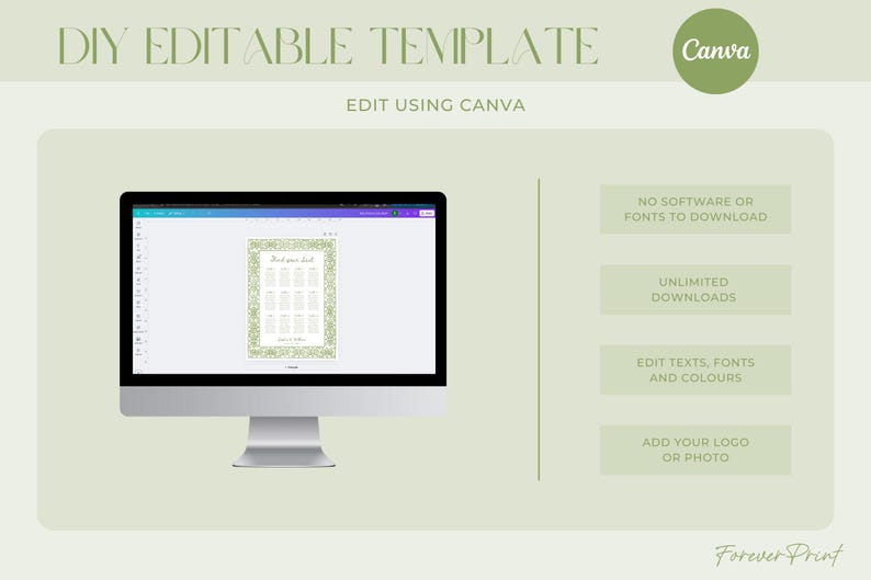 May include: A computer monitor displays a wedding seating chart template with a green floral border. The text "DIY EDITABLE TEMPLATE" and "EDIT USING CANVA" are at the top. Additional text includes "NO SOFTWARE OR FONTS TO DOWNLOAD" and "UNLIMITED DOWNLOADS".