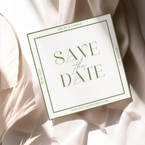 May include: A white save the date card with a green border. The text "SAVE THE DATE" is in a bold, sans-serif font. The date "28.09.2024" is in the bottom left corner. The names "EVELYN & CHARLIE" are in the top left corner. The text "BOSTON, MA" is in the top right corner. The text "WWW.EVELYNANDCHARLIE.COM" is in the bottom center.
