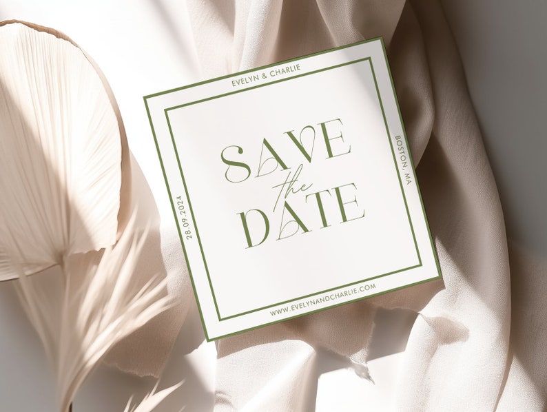 May include: A white save the date card with a green border. The text "SAVE THE DATE" is in a bold, sans-serif font. The date "28.09.2024" is in the bottom left corner. The names "EVELYN & CHARLIE" are in the top left corner. The text "BOSTON, MA" is in the top right corner. The text "WWW.EVELYNANDCHARLIE.COM" is in the bottom center.