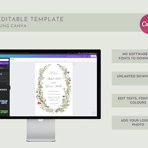 May include: A computer monitor displays a wedding invitation template with floral accents. The text on the screen reads "Rachel Hill and Dean Smith" and "September 2023". Additional text includes "DIY Editable Template" and "Edit Using Canva".