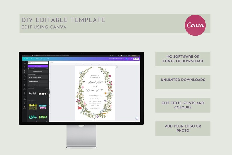 May include: A computer monitor displays a wedding invitation template with floral accents. The text on the screen reads "Rachel Hill and Dean Smith" and "September 2023". Additional text includes "DIY Editable Template" and "Edit Using Canva".