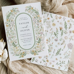以下が含まれることがあります： 花柄の縁取りと緑色の楕円形の中に「Kindly join us for the wedding of Taylor and Oliver, Saturday, July 14, o'clock in the afternoon, The Ritz Carlton, 1900 SW 27th Avenue, Miami, FL. 33155, Reception to follow.」というテキストが書かれた結婚式の招待状です。