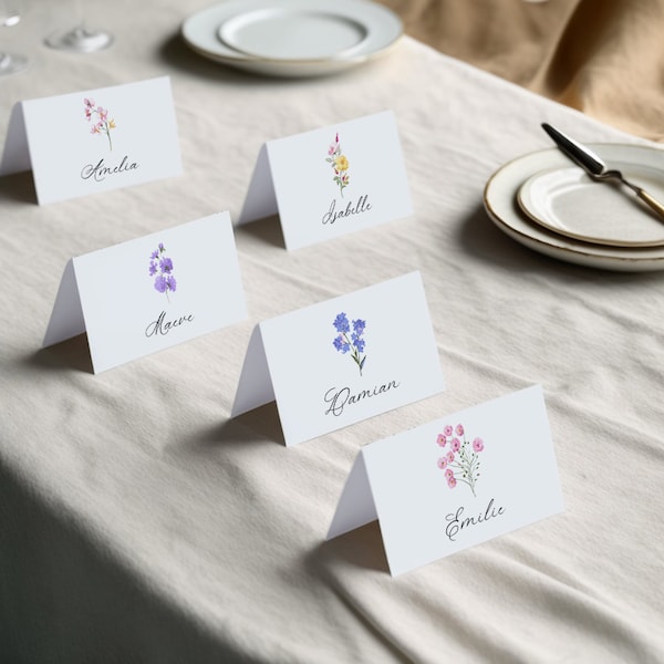 Modèle de marque-places fleurs sauvages, marque-places imprimables, cartes de visite de mariage, mariage bohème de fleurs sauvages, cartes de visite florales, service de table AMELIA