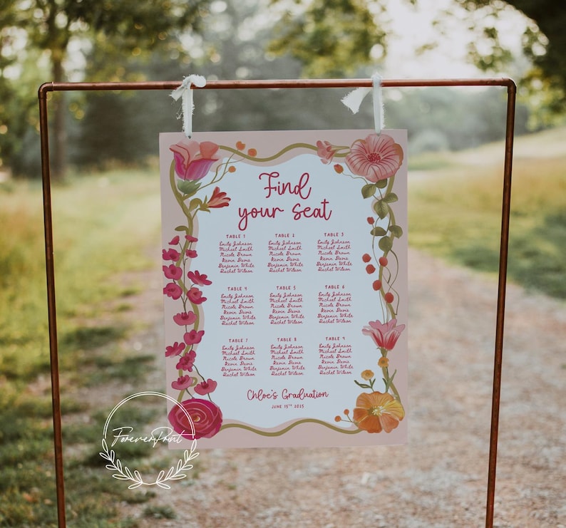 K&ouml;nnte beinhalten: Eine Tischordnung mit floralem Design und dem Text "Find your seat". Die Karte ist mit rosa und orangefarbenen Blumen verziert und enth&auml;lt die Namen der G&auml;ste, die nach Tischnummern geordnet sind. Es ist eine Abschlussfeier.