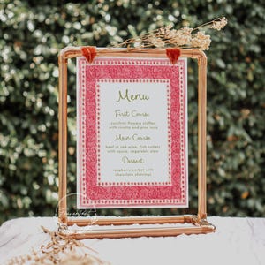 Rosa rote Aquarell Blumenbordüre Menü Vorlage, rustikale Boho Hochzeit oder Brautparty, bearbeitbare druckbare, sofortige Download Design Karte RUG