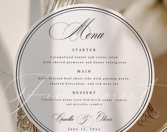 Round Wedding Menu Template, Elegant Black and White Menu Card, Minimal Dinner Menu, Editable Printable  SCARLETT