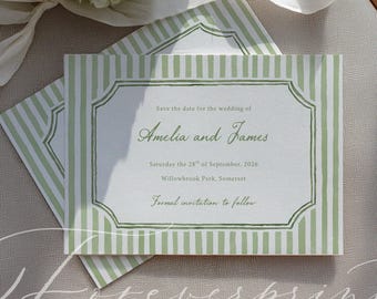Green Stripe Save the Date Template, Editable Wedding Announcement, Printable Invitation, Classic Elegant Digital Download, Canva Invite 021