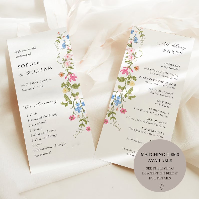 May include: Wedding ceremony programme with floral border. The programme lists the order of events for the ceremony, including the prelude, seating of the family, processional, reading, exchange of vows, exchange of rings, prayer, presentation of the couple, and recessional.