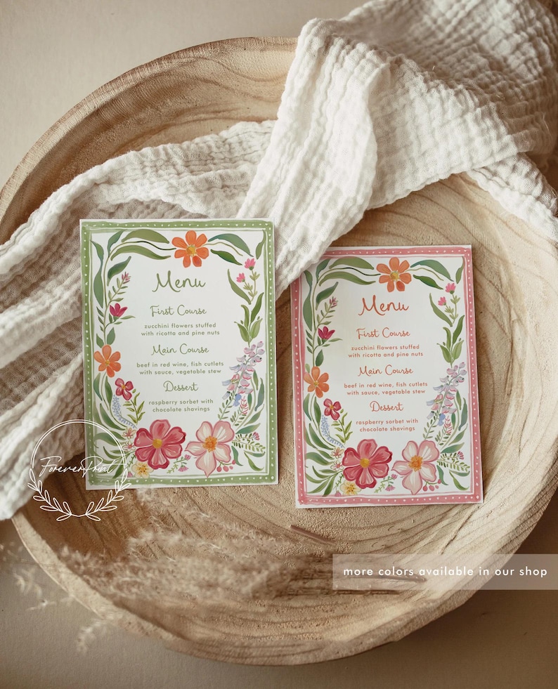 Menu First Course Layout Green Floral Menu Template, Hand Drawn, Printable Dinner Menu, Editable ...