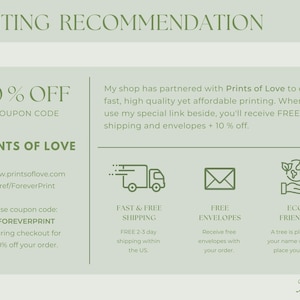 May include: A light green graphic with the text "PRINTING RECOMMENDATION" at the top. The graphic includes information about a 10% discount, coupon code, and partnership with Prints of Love for printing services.