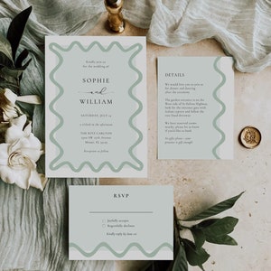 Wavy Wedding Invitation, Curve Modern Wedding Invite, Modern Boho Wedding, Editable Wedding Invitation Template, Wave Shape Modern, Trendy