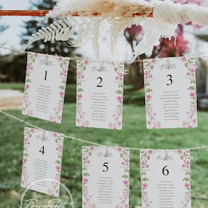 Stoelkaarten roze wilde bloemen, zitplaatsen bruiloft kaarten, sjabloon stoelen, tabelnummers, bewerkbare plattegrond, roze bloemen PF2