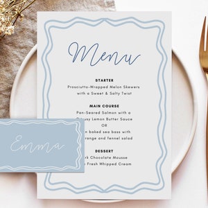 Blauw menu & placecard sjabloon, blauw handgeschilderd bruidsdouchemenu, bewerkbaar menu direct downloaden, kronkelig menu, blauw golvend menu