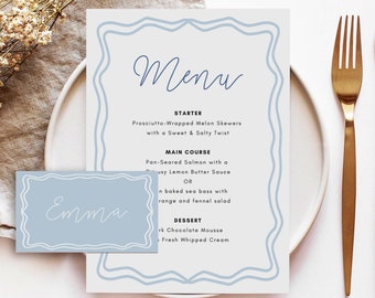 Blue Menu & Placecard Template, Blue Hand Painted Bridal Shower Menu, Instant Download Editable Menu, Squiggly Menu, Blue Wavy Menu