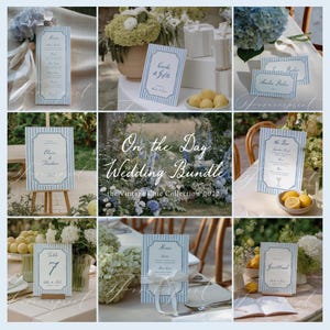 May include: A collection of wedding stationery items with a vintage chic design. The items include menus, place cards, and signage, all featuring a blue and white striped pattern. The text "On the Day Wedding Bundle" is displayed in the center, with the text "the Vintage Chic Collection 2022" below it.