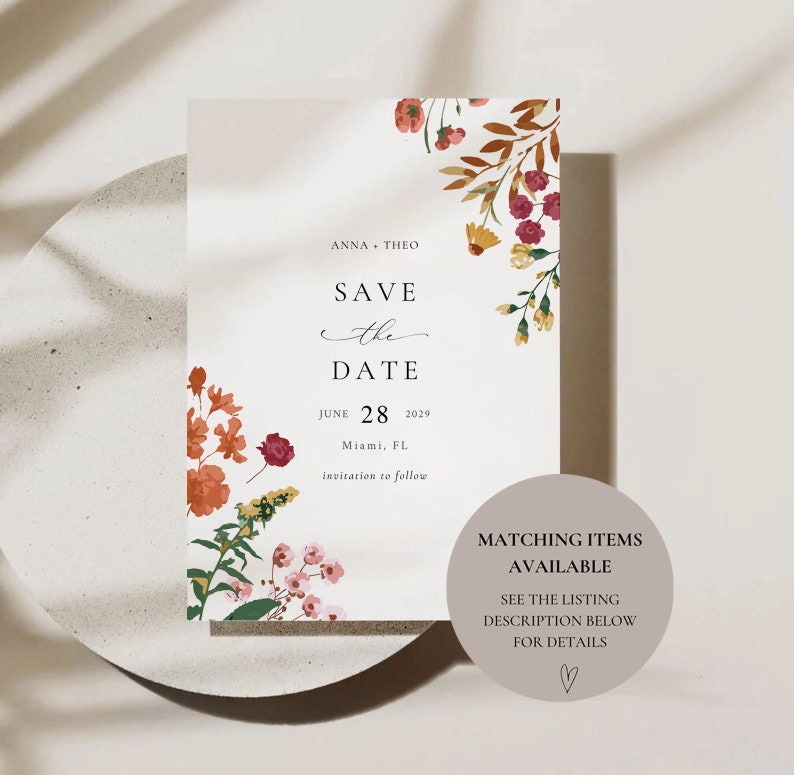 May include: Save the Date card with floral illustrations in shades of pink, orange, and yellow. The text reads "Anna & Theo Save the Date June 28, 2029 Miami, FL Invitation to follow".