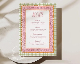 May include: A menu card with a pink floral border and a green gingham background. The word "MENU" is at the top, with a list of dishes below. The menu includes starters, salad, main course, and dessert options.