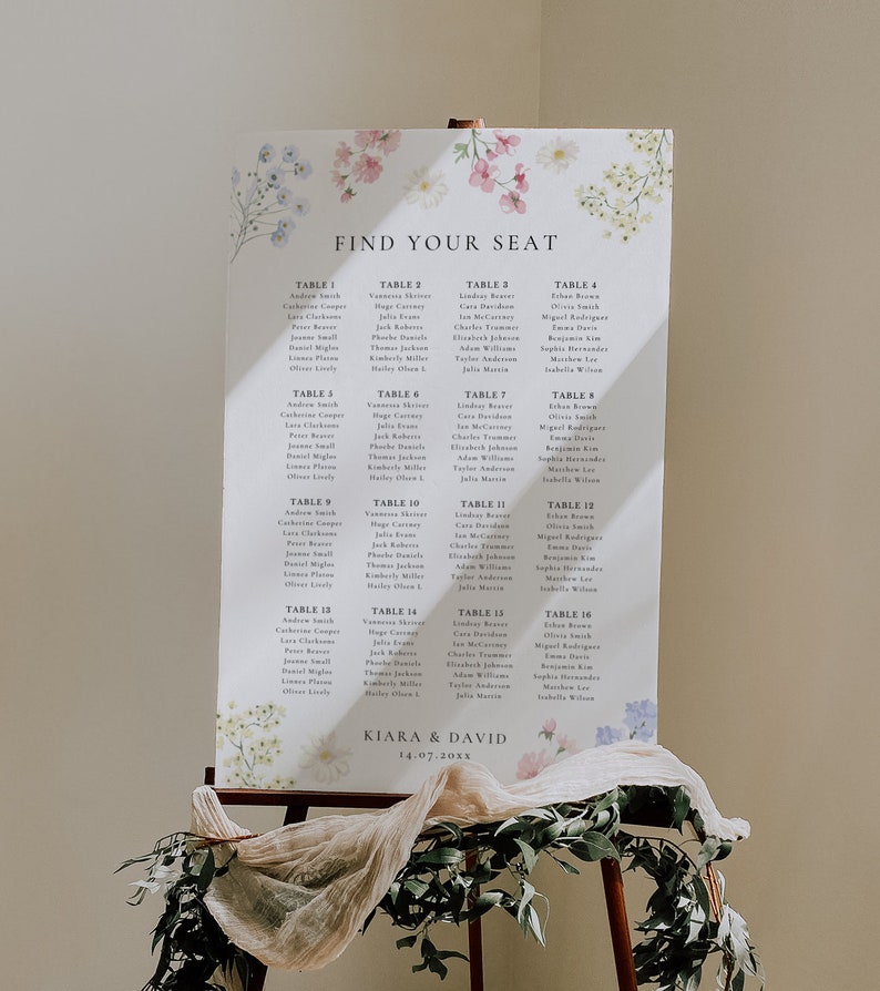 Pastel Wildflower Wedding Seating Chart, Printable Wedding Table Plan, Wedding Plan Garden Wedding, Seating Plan, Floral Seating Chart KIARA image 3